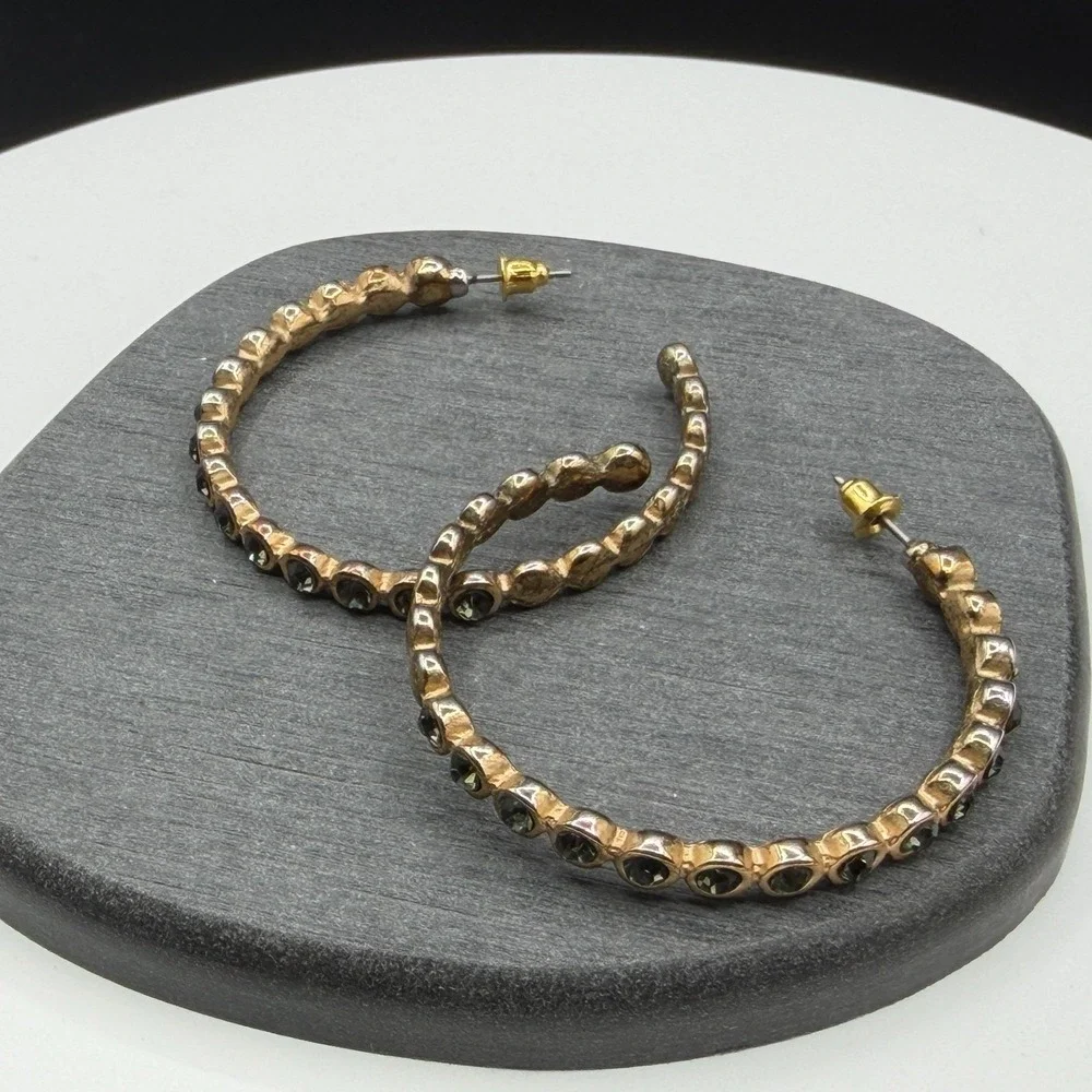 Gold Tone Smoky Gray Rhinestone Large Hoop Earrings Statement Costume Jewelry